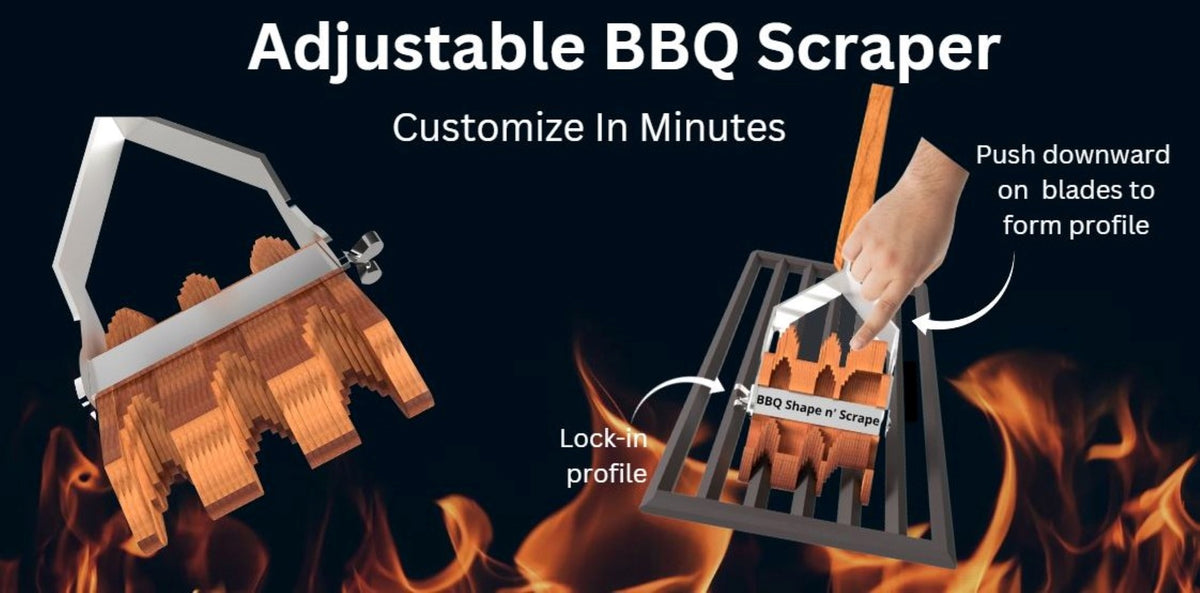 Best BBQ Scraper. This fun BBQ Scraper is easy to customize with a push of a finger. Lock-in the profile and your ready to safely clean your grill grates in minutes. This BBQ scraper is SAFE, EASY & FUN to use. The Adjustable BBQ Scraper is GUARANTEED TO LAST A LIFE TIME!!  The BBQ Scraper will clean your BBQ Grill Grates squeaky clean in minutes. This Safe-Bristle-Free Wooden BBQ Scraper is so the innovation to hit the market in the BBQ grill tool accessories category. 